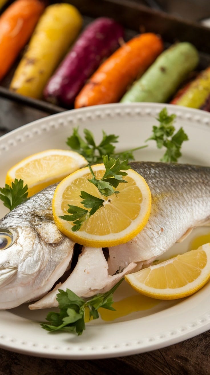 Poisson entier cuit avec des tranches de citron et du persil sur une assiette blanche ; carottes assorties sur un plateau en arrière-plan.
