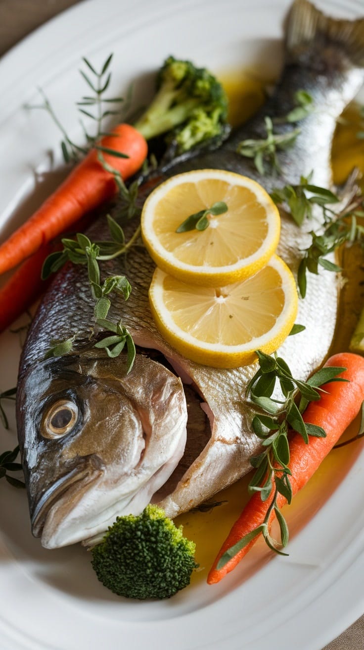 Poisson entier cuit garni de tranches de citron, d'herbes, de carottes et de brocoli sur une assiette blanche.