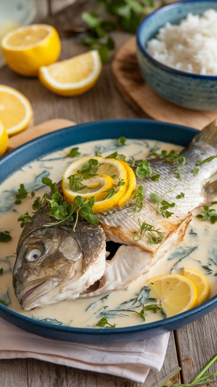 Poisson servi dans une sauce crémeuse avec des tranches de citron et des herbes sur une assiette bleue. Riz blanc et quartiers de citron en arrière-plan.