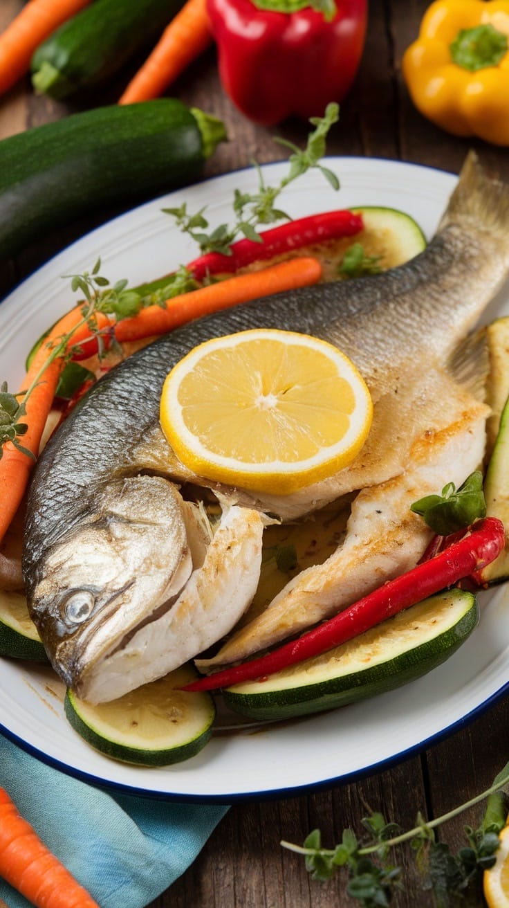 Poisson grillé avec une tranche de citron sur le dessus, entouré de carottes, de poivron rouge, de courgettes et d'herbes sur une assiette blanche.