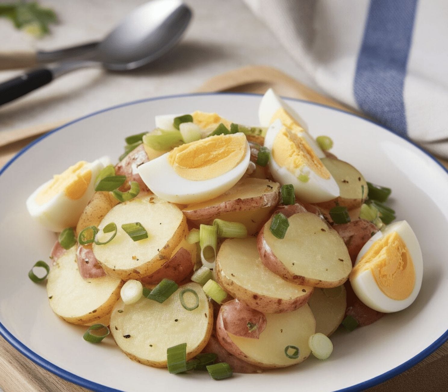 Une assiette de pommes de terre bouillies coupées en tranches, garnies d'oignons verts hachés et d'œufs durs coupés en quartiers, servies sur un plat blanc.