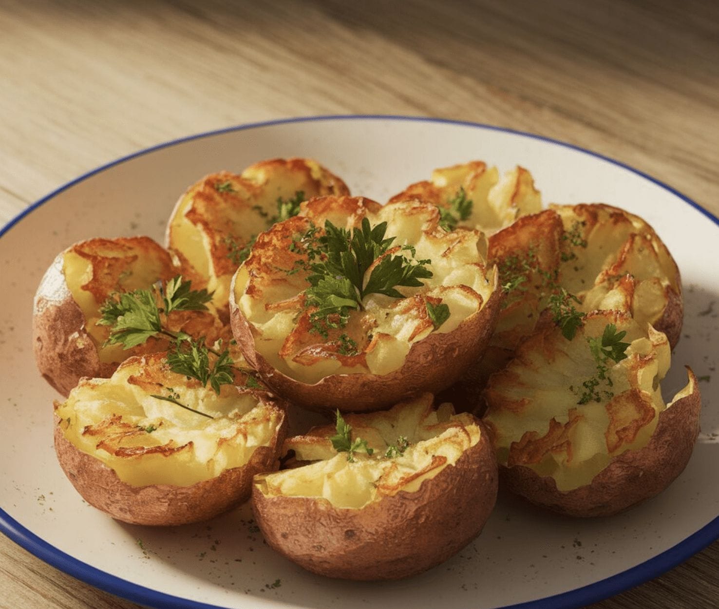 Une assiette de moitiés de pommes de terre cuites au four avec des bords croustillants, garnies de persil et d'herbes saupoudrées, sur une table en bois.