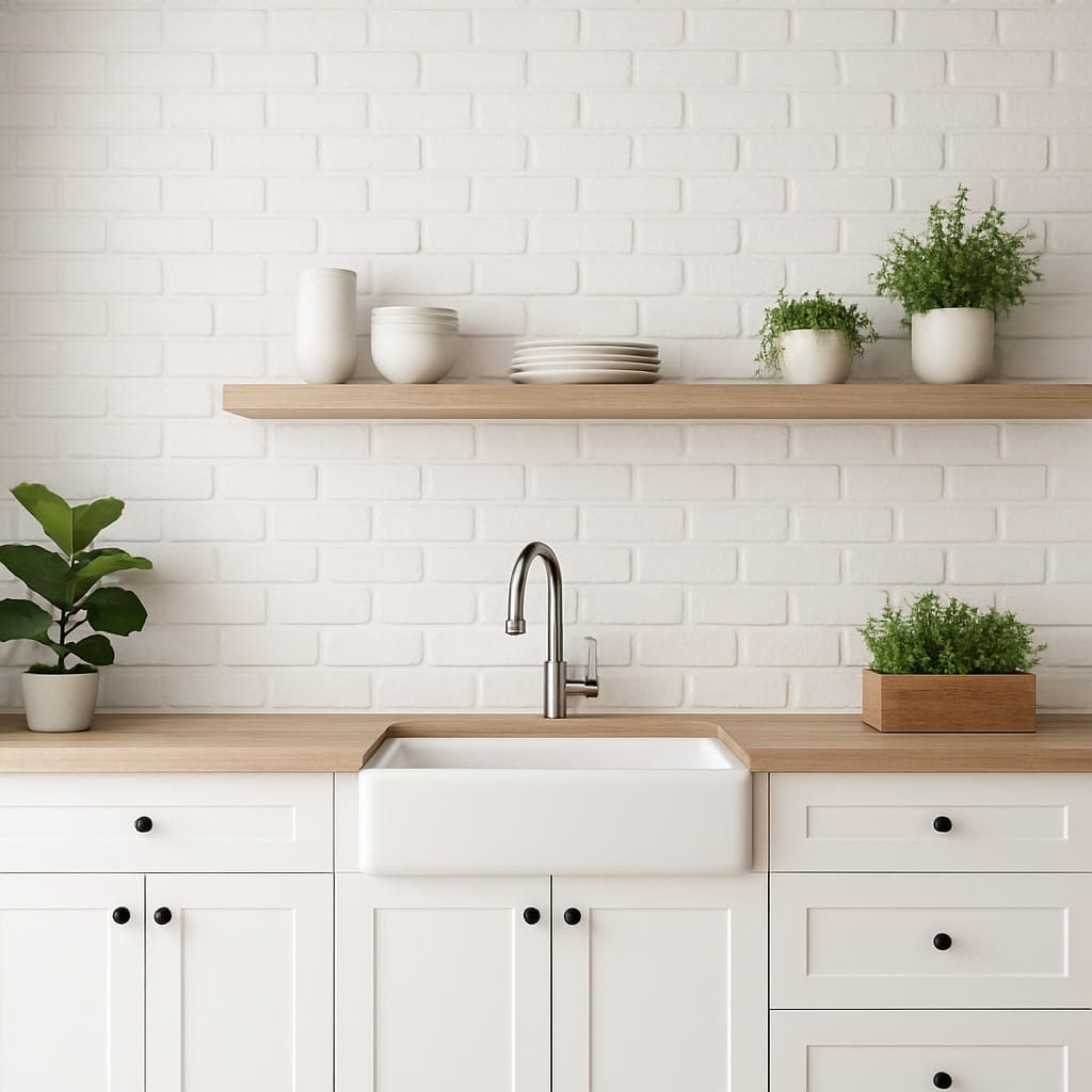 Cuisine minimaliste avec armoires blanches, évier de ferme, comptoir en bois, étagère ouverte avec vaisselle et plantes en pot et dosseret en briques blanches.