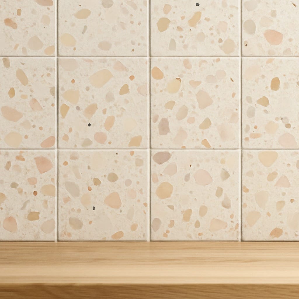 Un comptoir en bois devant un mur avec des carreaux de terrazzo beige et crème présentant des motifs de pierres dispersés.