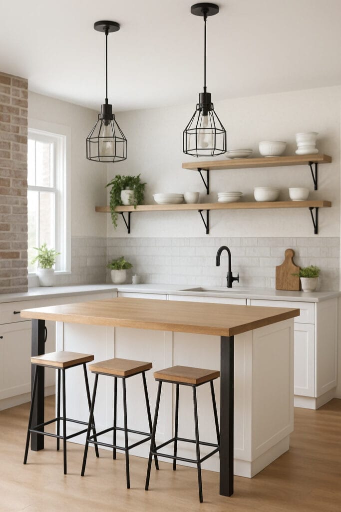 Cuisine moderne avec îlot en bois, trois tabourets, placards blancs, étagères ouvertes avec vaisselle, luminaires noirs et plantes en pot. Deux suspensions sont suspendues au-dessus de l'îlot.