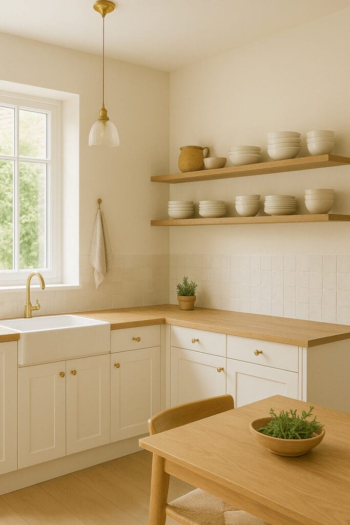 Cuisine minimaliste avec armoires blanches, comptoirs en bois, étagères ouvertes pour la vaisselle blanche, évier de ferme et fenêtre laissant entrer la lumière naturelle. Une petite plante est posée sur le comptoir.