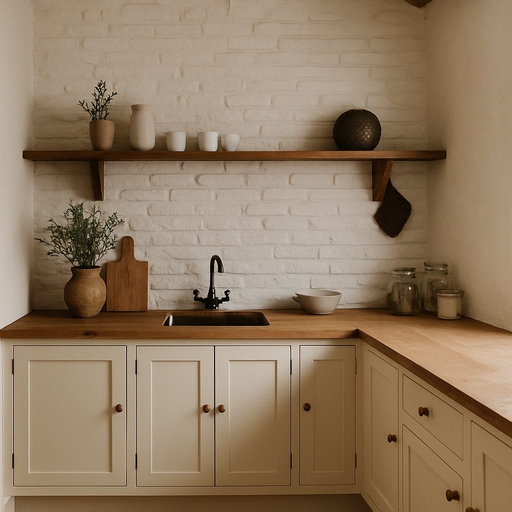 Cuisine minimaliste avec des armoires crème, un comptoir en bois, un robinet noir et une étagère en bois contenant de la poterie, des tasses, un panier et des pots contre un mur de briques blanches.