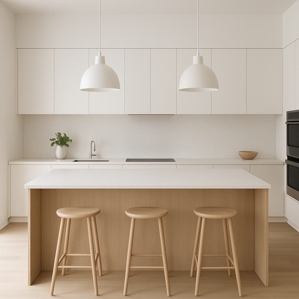 Une cuisine minimaliste avec des armoires blanches, un îlot central avec trois tabourets en bois, des suspensions et des fours intégrés.