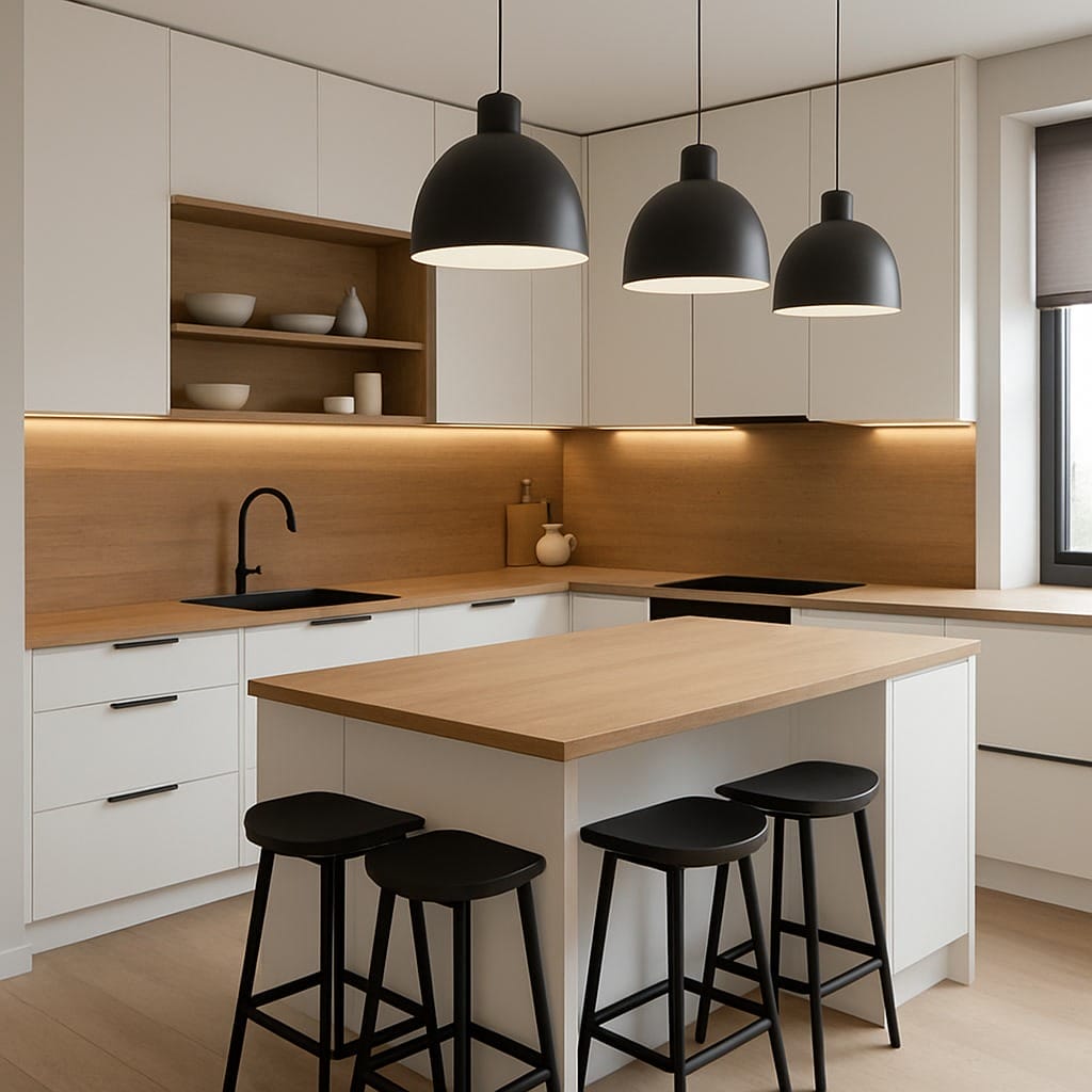 Cuisine moderne avec armoires blanches, comptoirs en bois, tabourets noirs, suspensions noires et étagères ouvertes avec vaisselle. Un éclairage chaleureux sous les armoires et une fenêtre assurent la luminosité.