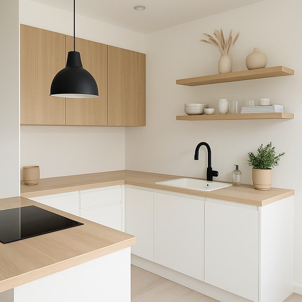 Cuisine minimaliste avec des armoires en bois clair, des étagères ouvertes contenant des plats et des vases, un robinet noir au-dessus d'un évier blanc et une suspension noire.