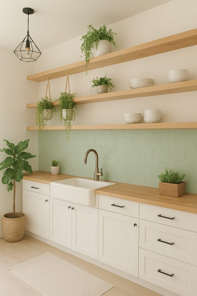 Cuisine minimaliste avec armoires blanches, comptoirs en bois, étagères ouvertes contenant des plantes et de la vaisselle, dosseret en carrelage vert clair, évier de ferme et une plante en pot dans le coin.