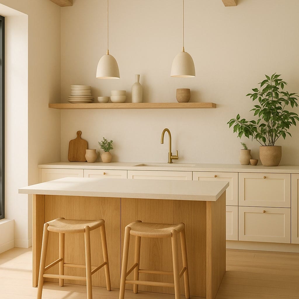 Cuisine minimaliste avec armoires en bois clair, un îlot central avec deux tabourets, des étagères ouvertes avec de la vaisselle, des suspensions et des plantes en pot.