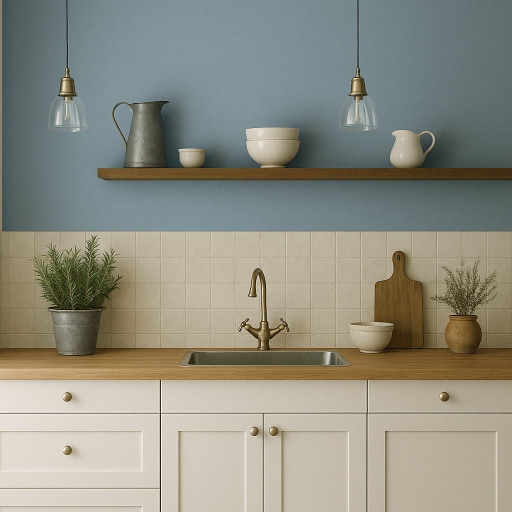 Cuisine minimaliste avec un comptoir en bois, des armoires blanches, un évier, des herbes en pot, des ustensiles de cuisine en céramique et des suspensions en verre contre un mur carrelé bleu et beige.