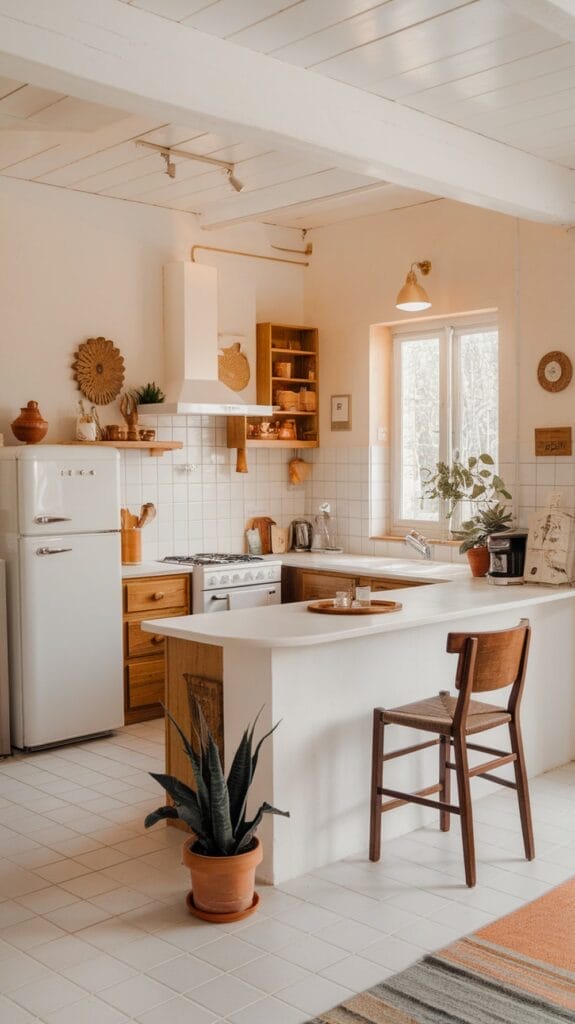 Une cuisine chaleureuse avec des armoires blanches, un réfrigérateur vintage, des étagères en bois, des plantes en pot et une seule chaise au comptoir, éclairée par la lumière naturelle d'une fenêtre.