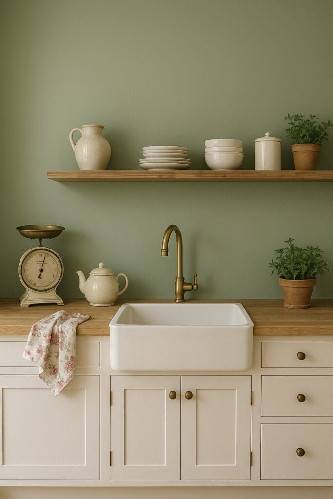 Une cuisine de style ferme comprend un évier blanc, un robinet en laiton, des armoires crème, des étagères en bois avec de la vaisselle, une balance vintage, une théière et des herbes en pot contre un mur vert sauge.