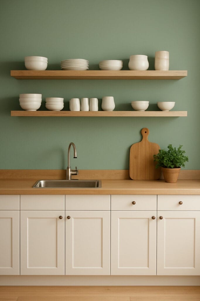 Cuisine minimaliste avec armoires blanches, comptoir en bois, étagères ouvertes contenant de la vaisselle blanche, un évier, une planche à découper en bois et une herbe en pot devant un mur végétal.