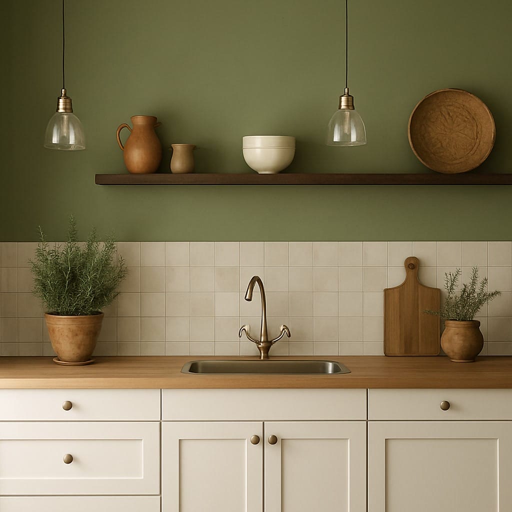 Cuisine minimaliste avec armoires blanches, comptoir en bois, mur végétal, étagère ouverte contenant de la poterie, deux suspensions, des herbes en pot et un évier en acier inoxydable avec un robinet incurvé.