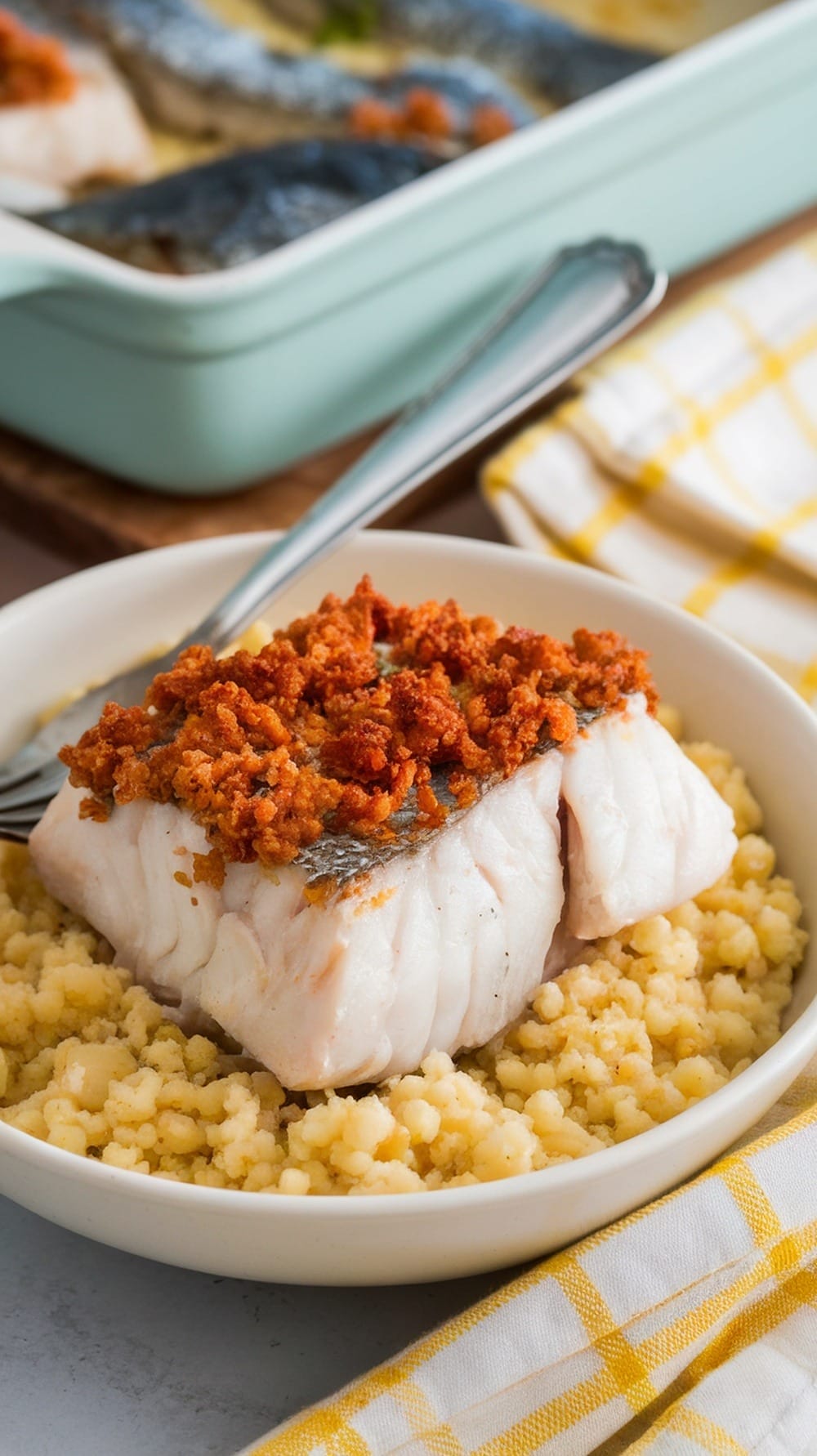Filet de poisson avec garniture rouge sur un lit de couscous dans un bol blanc, posé sur un tissu à carreaux jaunes.