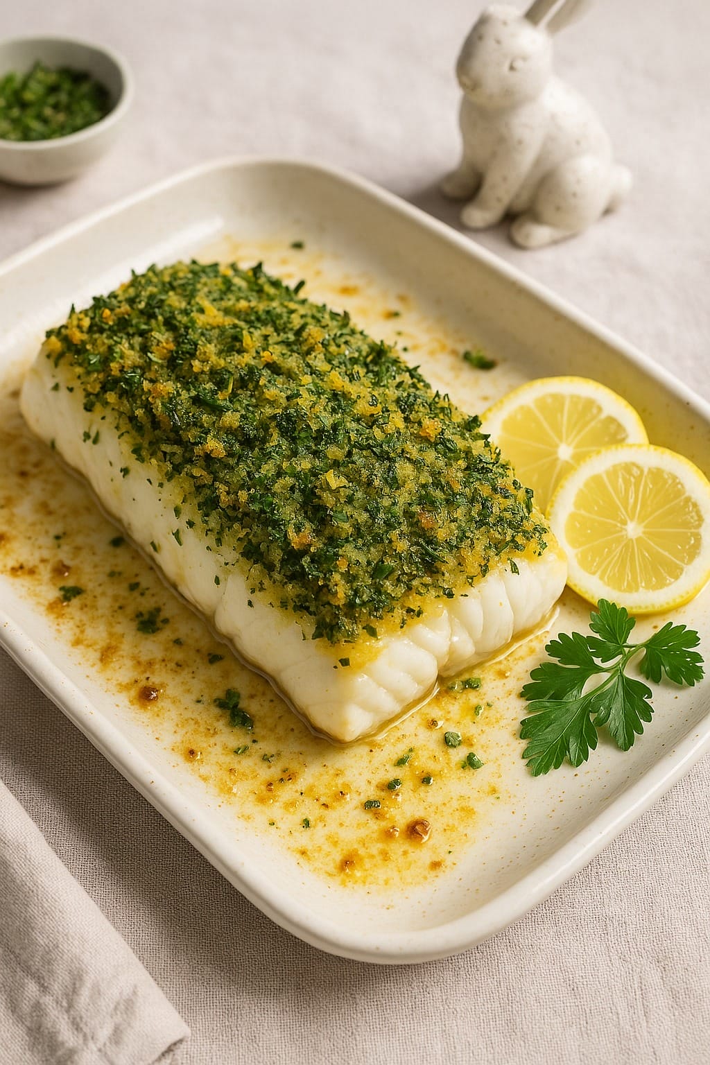 Un filet de poisson cuit au four avec une croûte d'herbes vertes sur une assiette blanche garnie de deux tranches de citron et de persil, accompagné d'une figurine de lapin en céramique en arrière-plan.