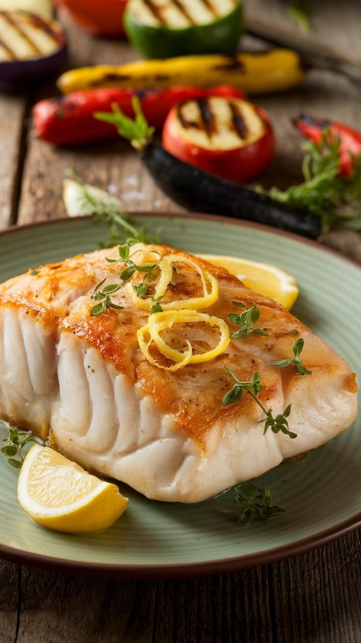 Filet de poisson grillé garni de tranches de citron et d'herbes aromatiques. Légumes grillés et quartiers de citron en arrière-plan.