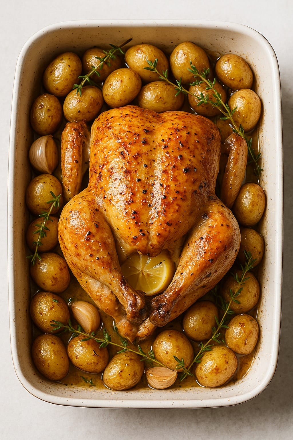 Rôtir le poulet dans un plat allant au four, entouré de petites pommes de terre, de gousses d'ail et de brins d'herbes.