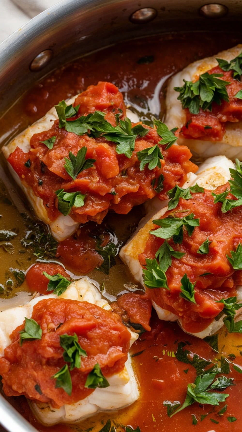 Filets de poisson dans une poêle nappés de sauce tomate et garnis de persil.
