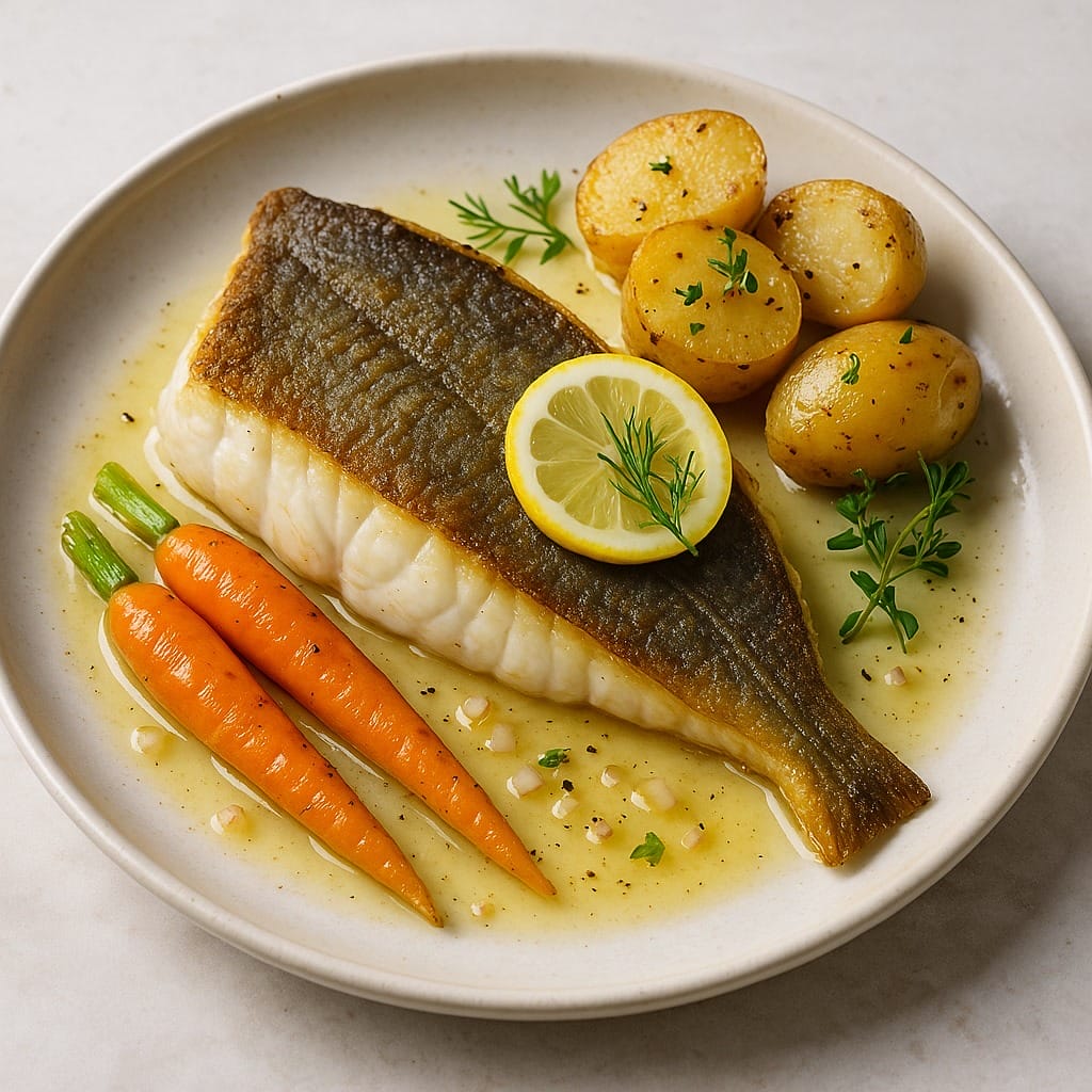 Assiette avec un filet de poisson garni d'une tranche de citron, servi avec trois petites carottes, des herbes, de la sauce et plusieurs petites pommes de terre rôties.
