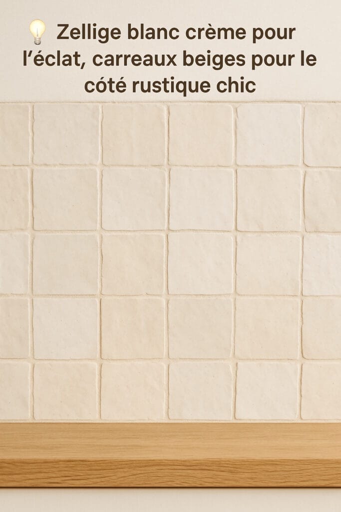 Carreaux de zellige blanc crème avec des carreaux carrés beiges disposés en grille au-dessus d'une surface en bois, avec un texte français sur le style rustique chic.