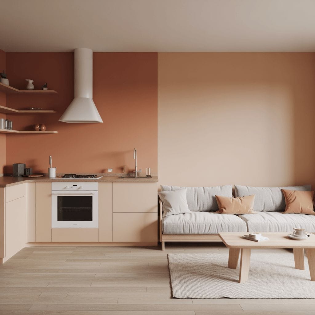 Cuisine et salon modernes avec murs pêche et beige, étagères ouvertes, hotte blanche, meubles en bois clair et tapis neutre.