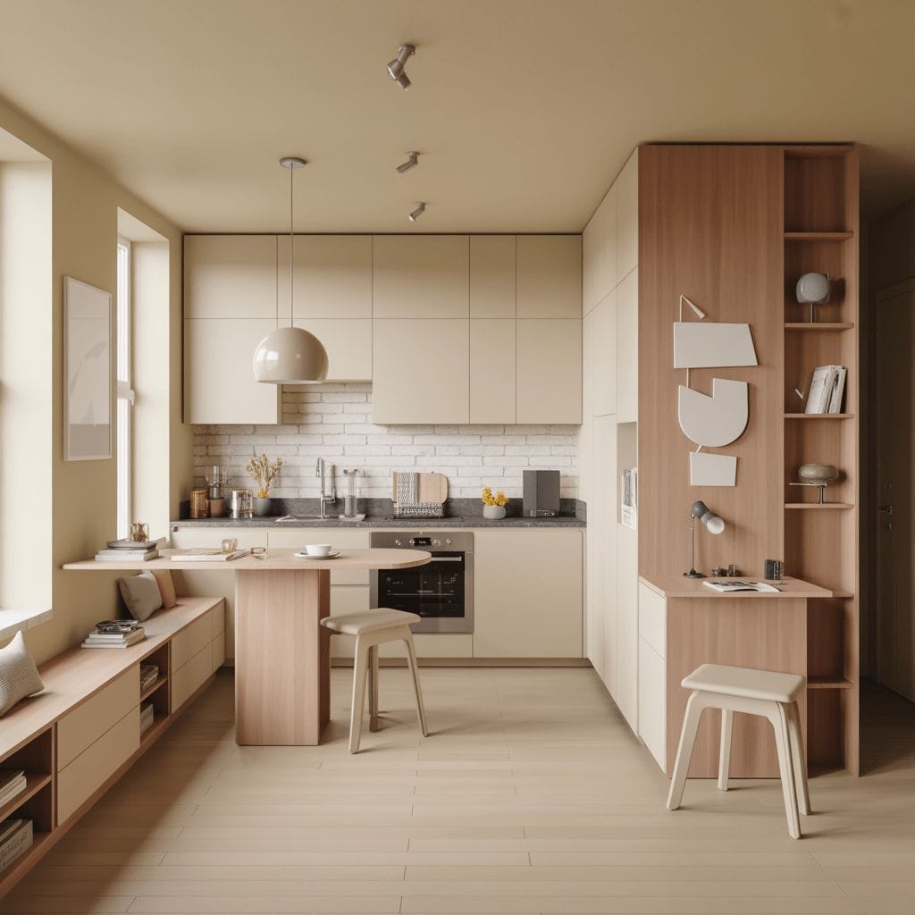 Cuisine moderne avec armoires beiges, accents de bois, une petite table à manger avec tabourets, étagères intégrées et décoration minimaliste dans des tons neutres.