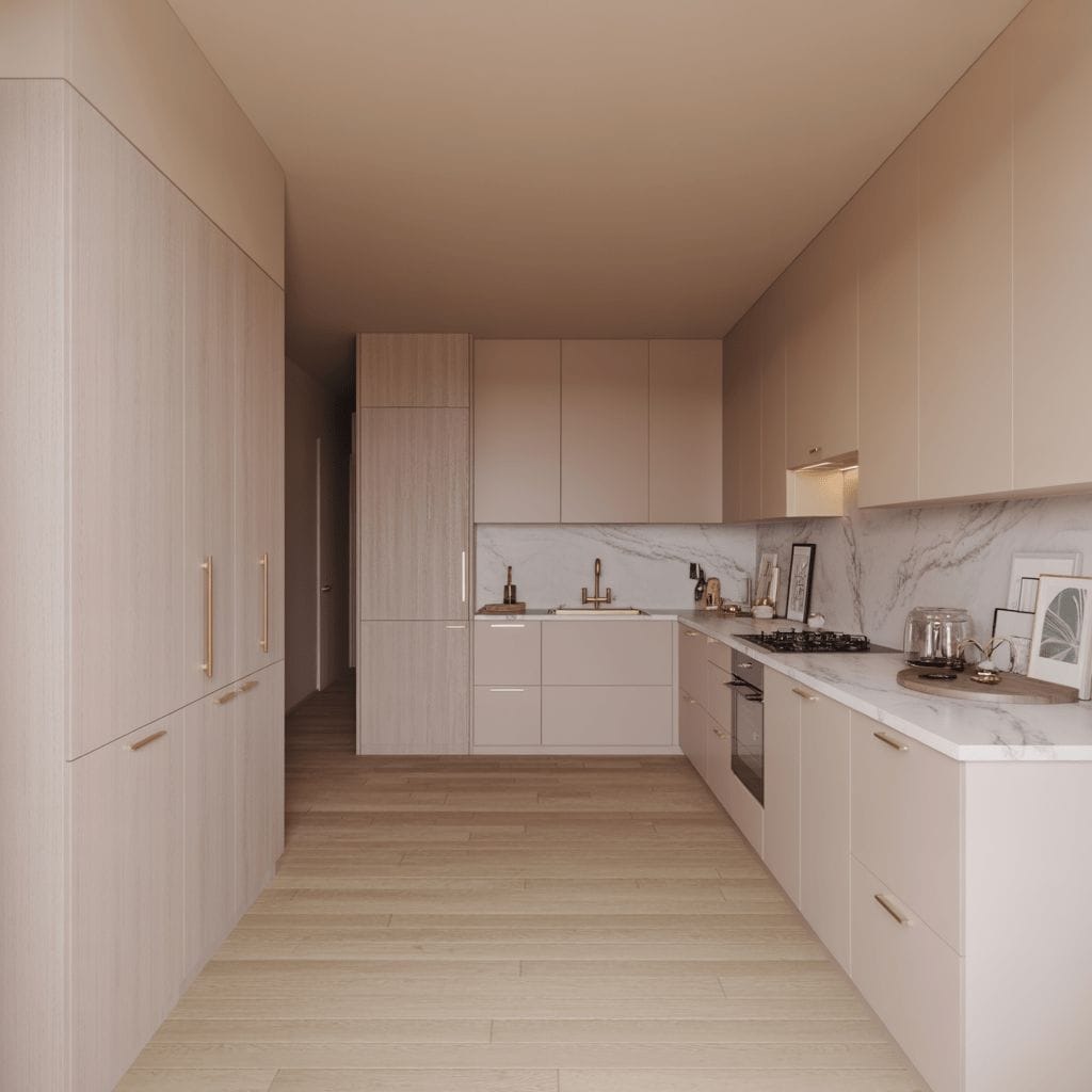 Cuisine moderne avec armoires en bois clair, dosseret et comptoirs en marbre, four encastré, table de cuisson au gaz et décoration minimaliste sur les comptoirs. Parquet en bois clair et palette de couleurs neutres.