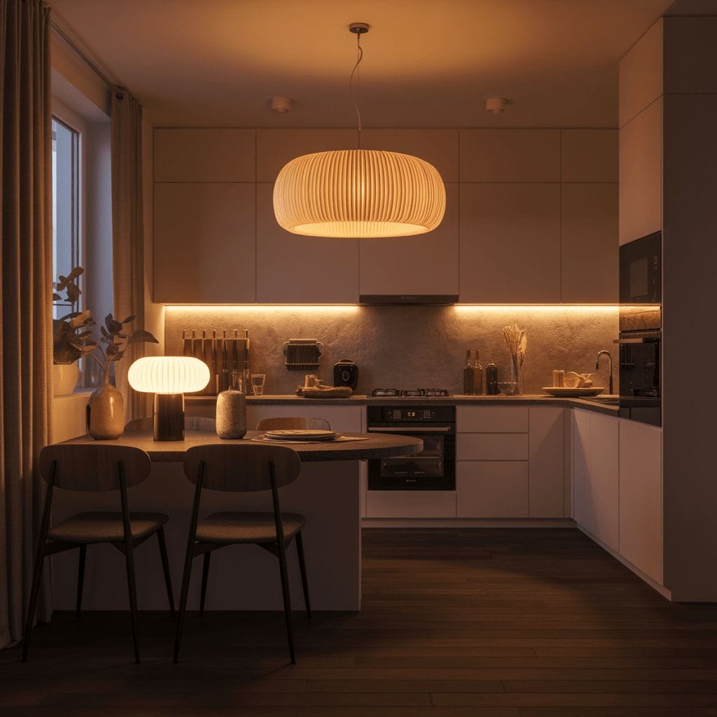 Cuisine moderne avec un éclairage ambiant chaleureux, des armoires blanches, un comptoir avec deux chaises, des vases décoratifs et des appareils intégrés, photographiés le soir.