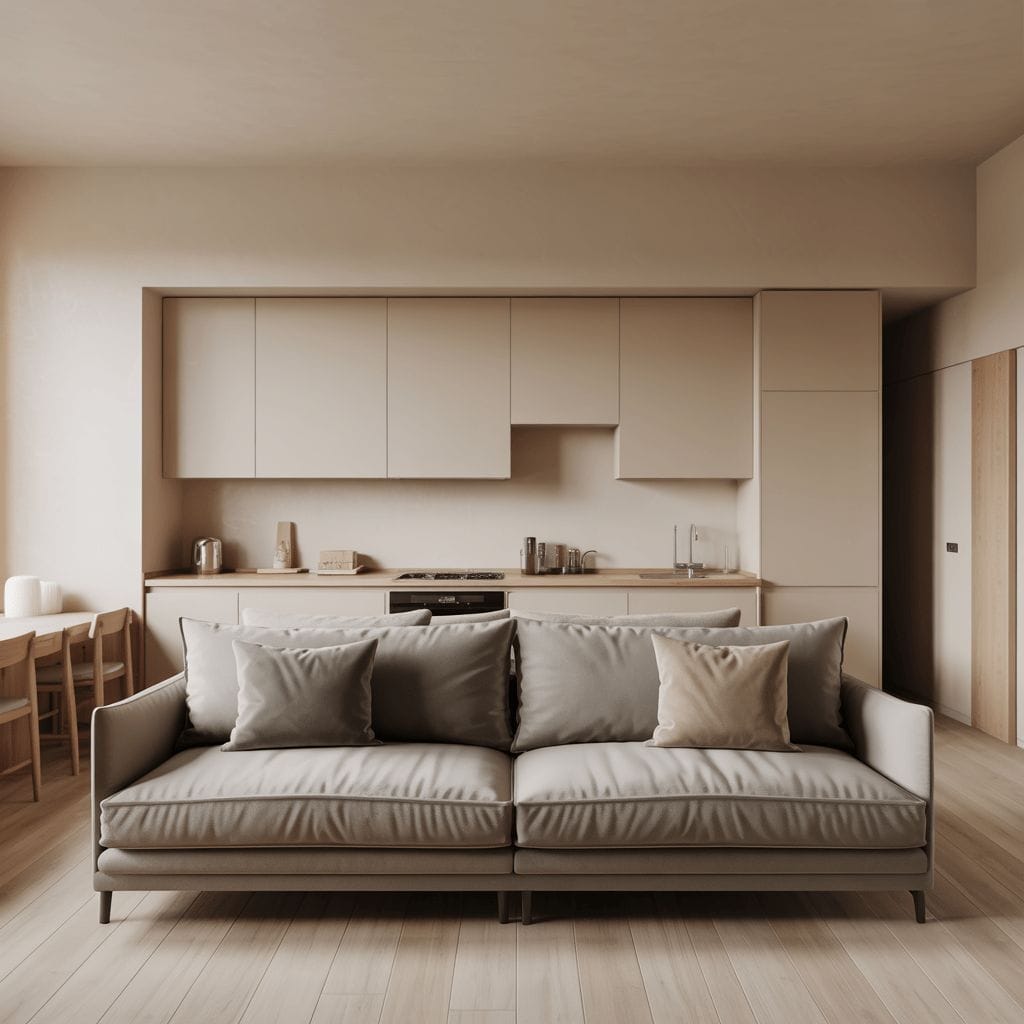 Une cuisine ouverte moderne avec des armoires beiges, un canapé gris au premier plan et une table à manger en bois avec des chaises à gauche.