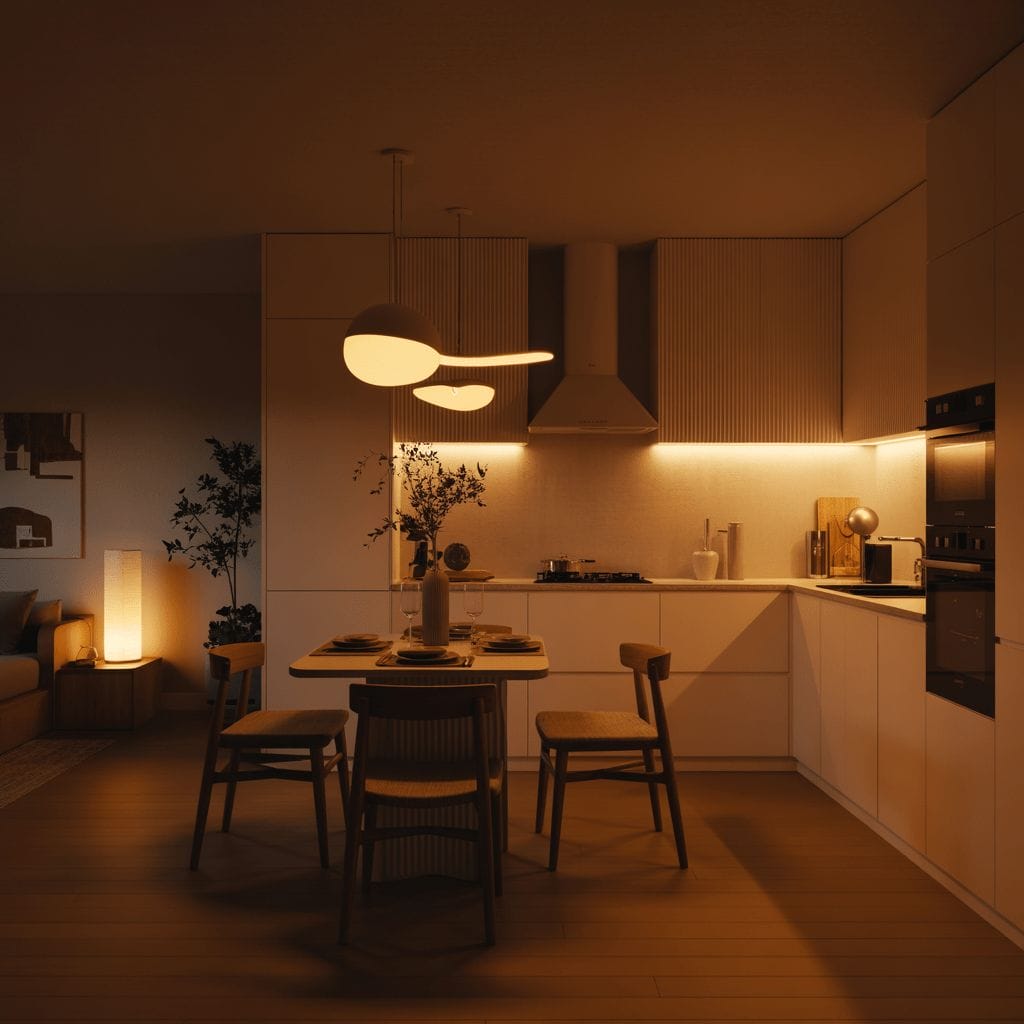 Une cuisine et une salle à manger modernes avec un éclairage ambiant chaleureux, une table à manger, des chaises en bois et une décoration minimaliste.