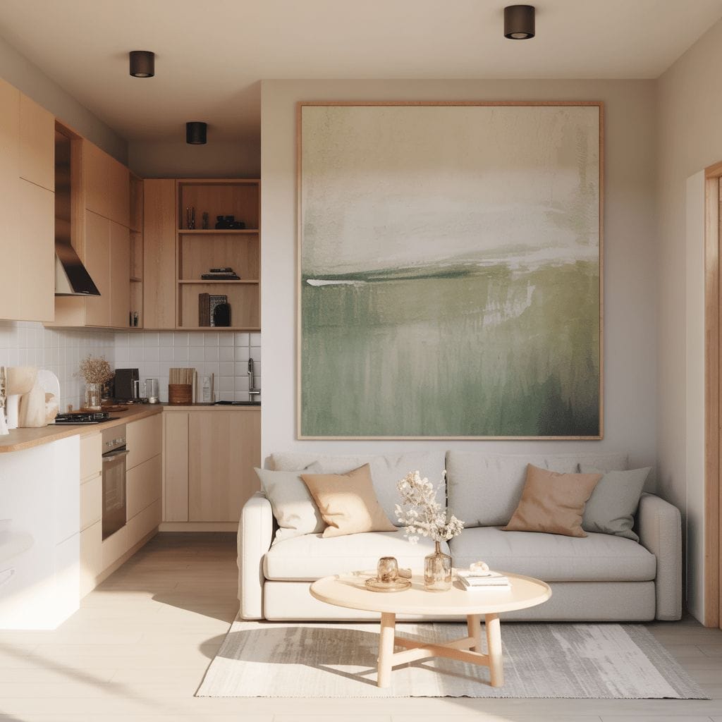 Un petit salon moderne avec un canapé beige, une table basse ronde, un grand tableau abstrait et une cuisine ouverte avec des armoires en bois clair en arrière-plan.