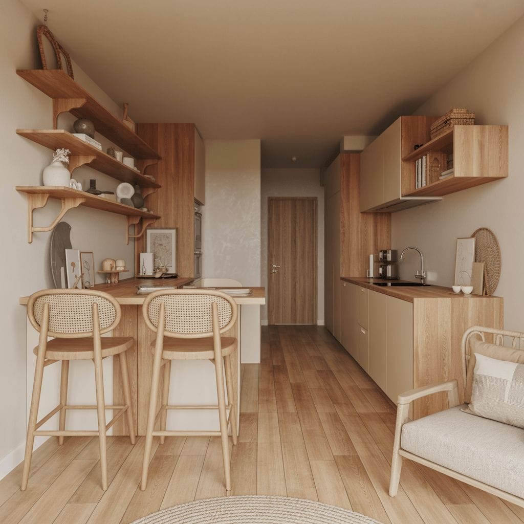 Cuisine moderne avec des accents de bois, des étagères ouvertes, des armoires claires, un petit bar à petit-déjeuner avec deux tabourets et un fauteuil confortable au premier plan.