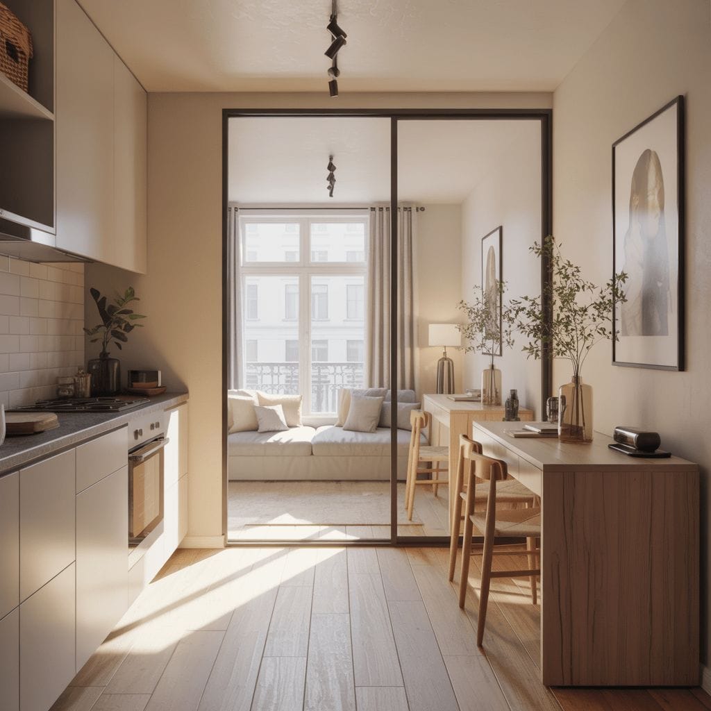 Cuisine et salle à manger modernes avec parquet, armoires claires et cloison vitrée séparant un petit salon avec un canapé et une grande fenêtre.