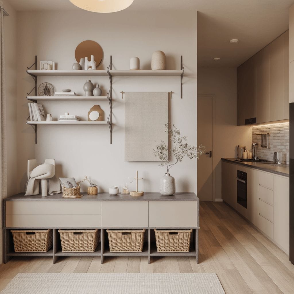 Une cuisine et un salon modernes aux tons neutres, des étagères ouvertes avec décoration, un buffet avec des paniers et des accessoires minimalistes.