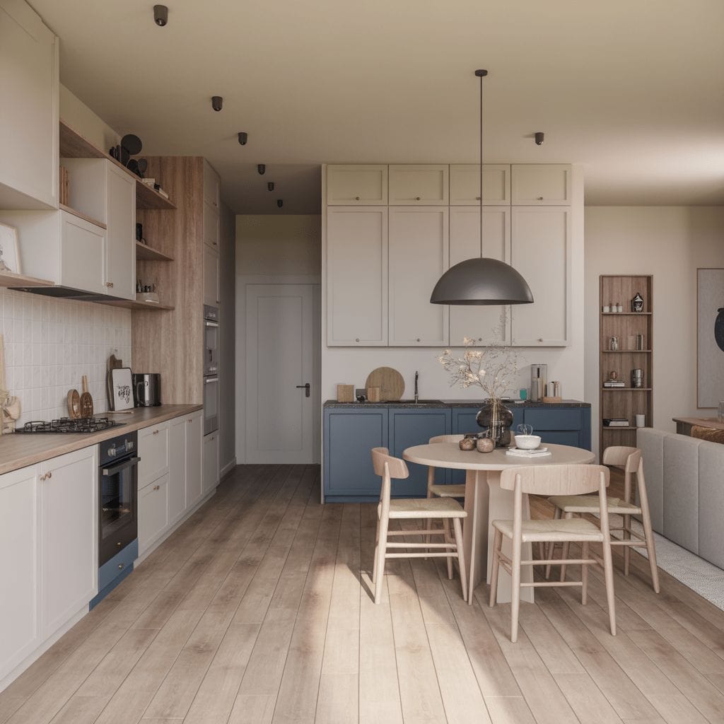 Cuisine et salle à manger modernes avec parquet, armoires bleues et blanches, table à manger ronde avec quatre chaises et une suspension noire au plafond.