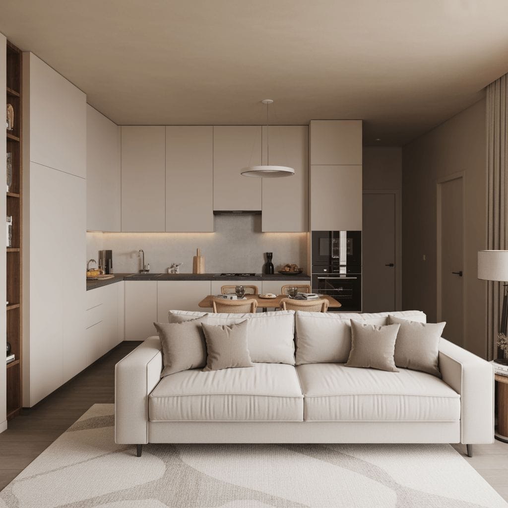 Salon et cuisine modernes à aire ouverte avec canapé beige, table à manger avec chaises, armoires minimalistes et palette de couleurs neutres douces.