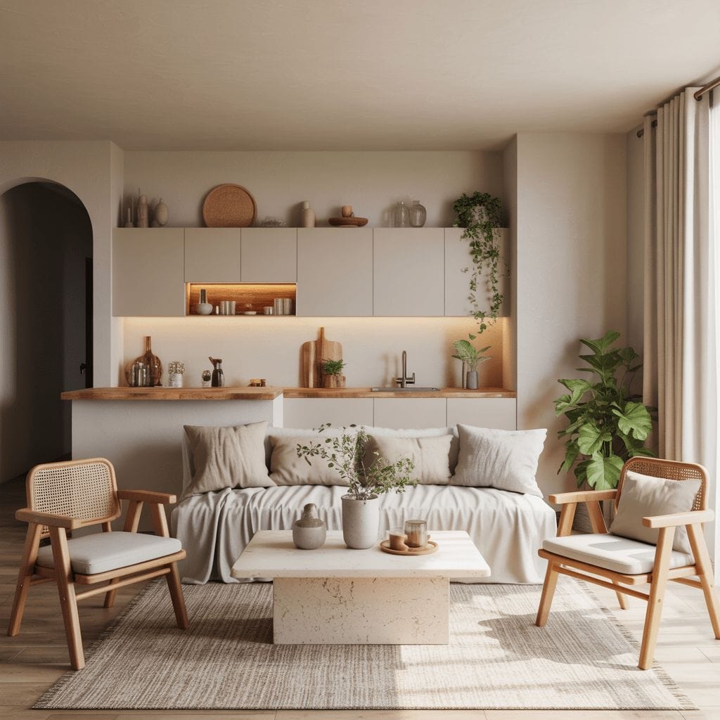 Un salon moderne aux tons neutres comprend un canapé, deux chaises, une table basse, des plantes en pot et un coin cuisine avec des étagères ouvertes et un éclairage doux en arrière-plan.