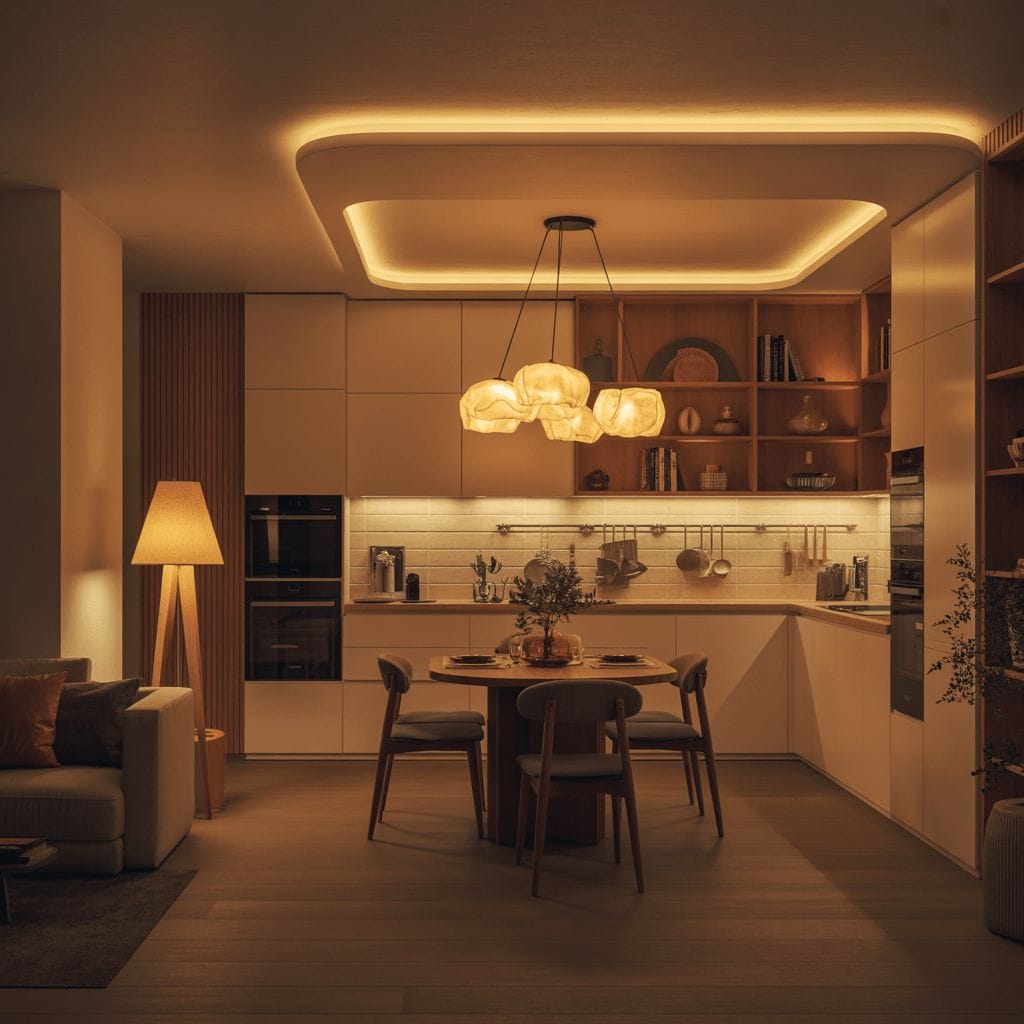 Cuisine et salle à manger modernes avec éclairage d'ambiance chaleureux, meubles en bois, appareils électroménagers intégrés et étagères décoratives, adjacentes à un espace de vie confortable avec un lampadaire.