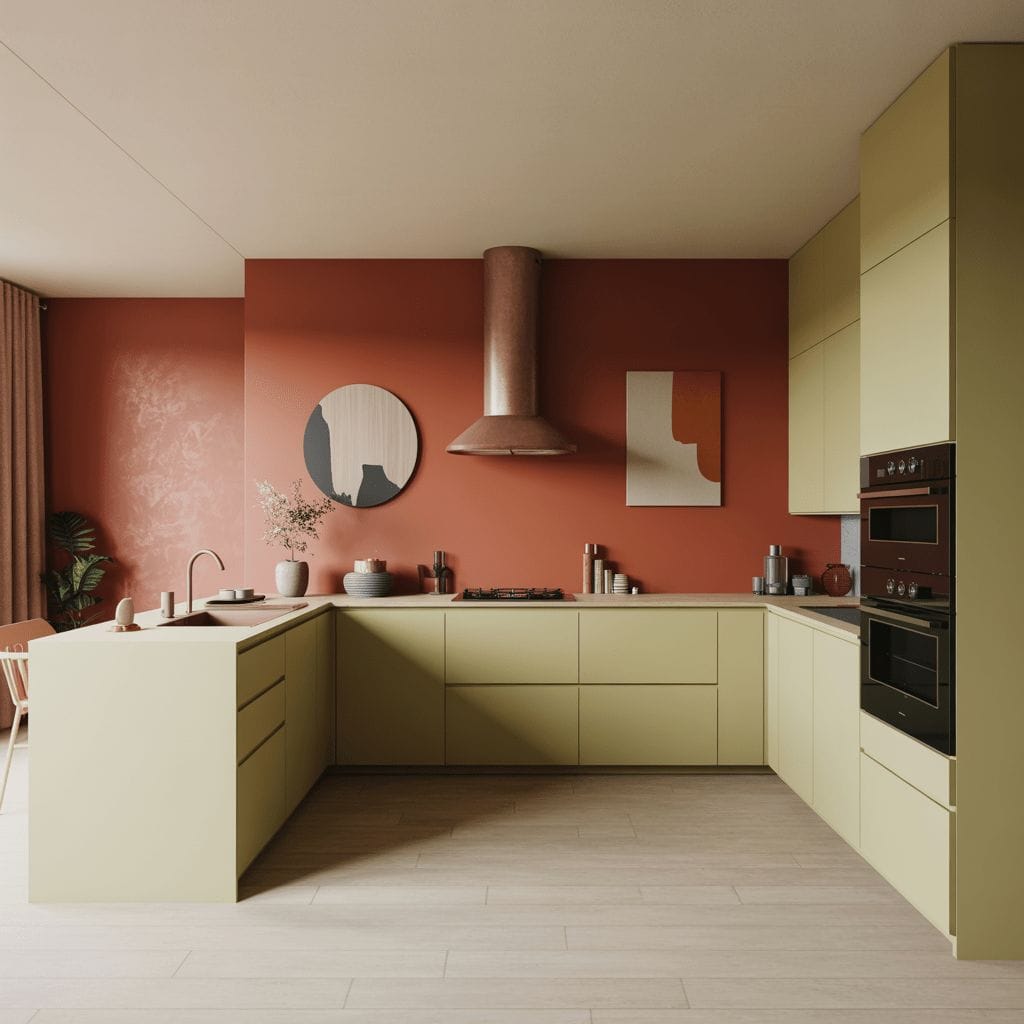 Cuisine moderne avec des armoires vert clair, des fours intégrés, une hotte en cuivre, une décoration minimaliste et des œuvres d'art murales abstraites contre un mur en terre cuite atténué.
