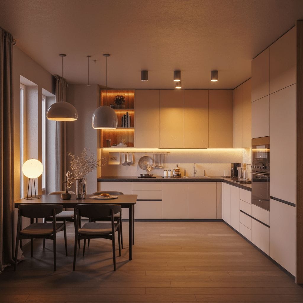Cuisine moderne avec armoires beiges, appareils électroménagers intégrés, éclairage sous les armoires, une table à manger avec quatre chaises et un éclairage ambiant chaleureux provenant de lampes de plafond et de table.