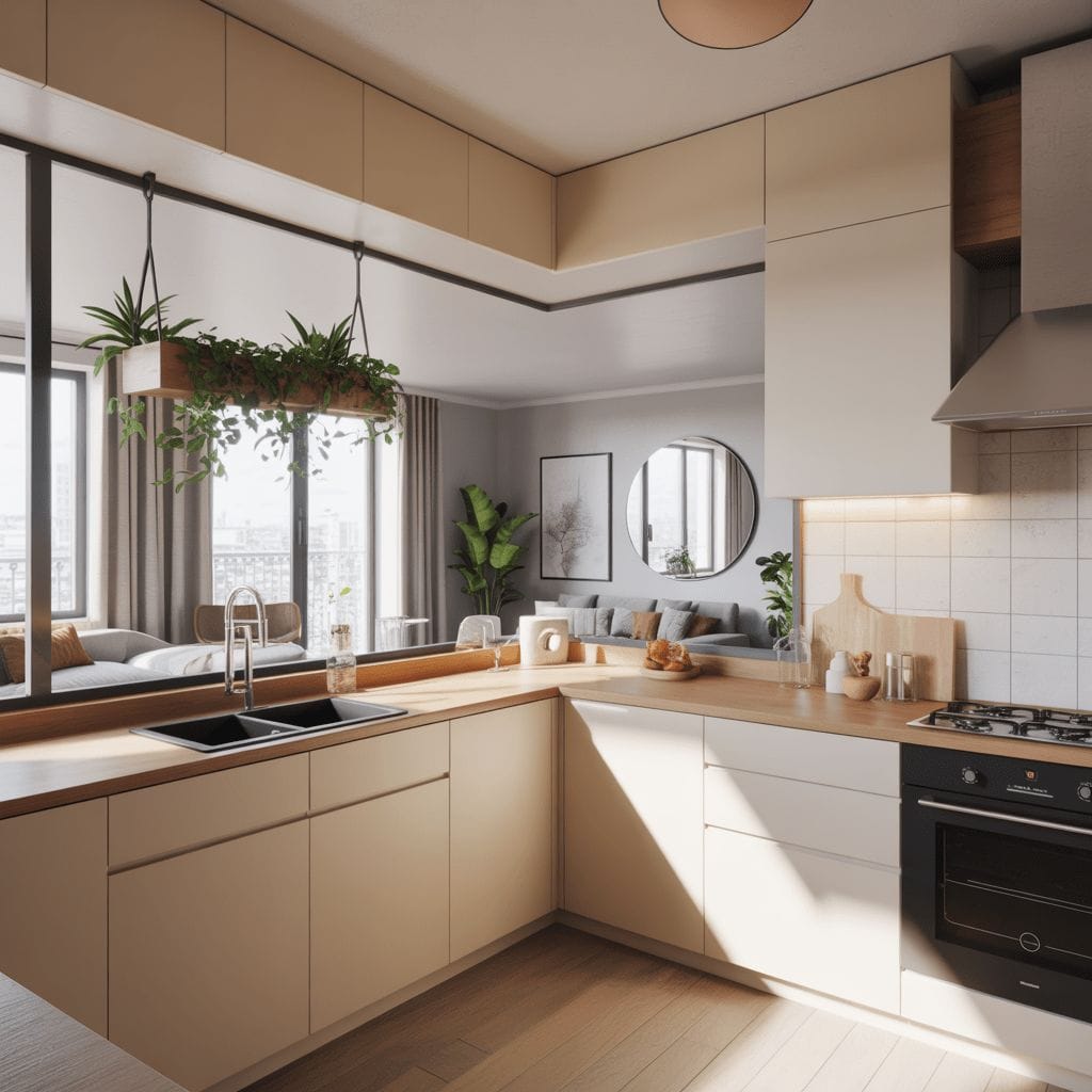 Cuisine moderne avec armoires beiges, électroménagers intégrés, comptoirs en bois et plantes suspendues, attenante à un salon lumineux avec de grandes fenêtres et vue sur la ville.