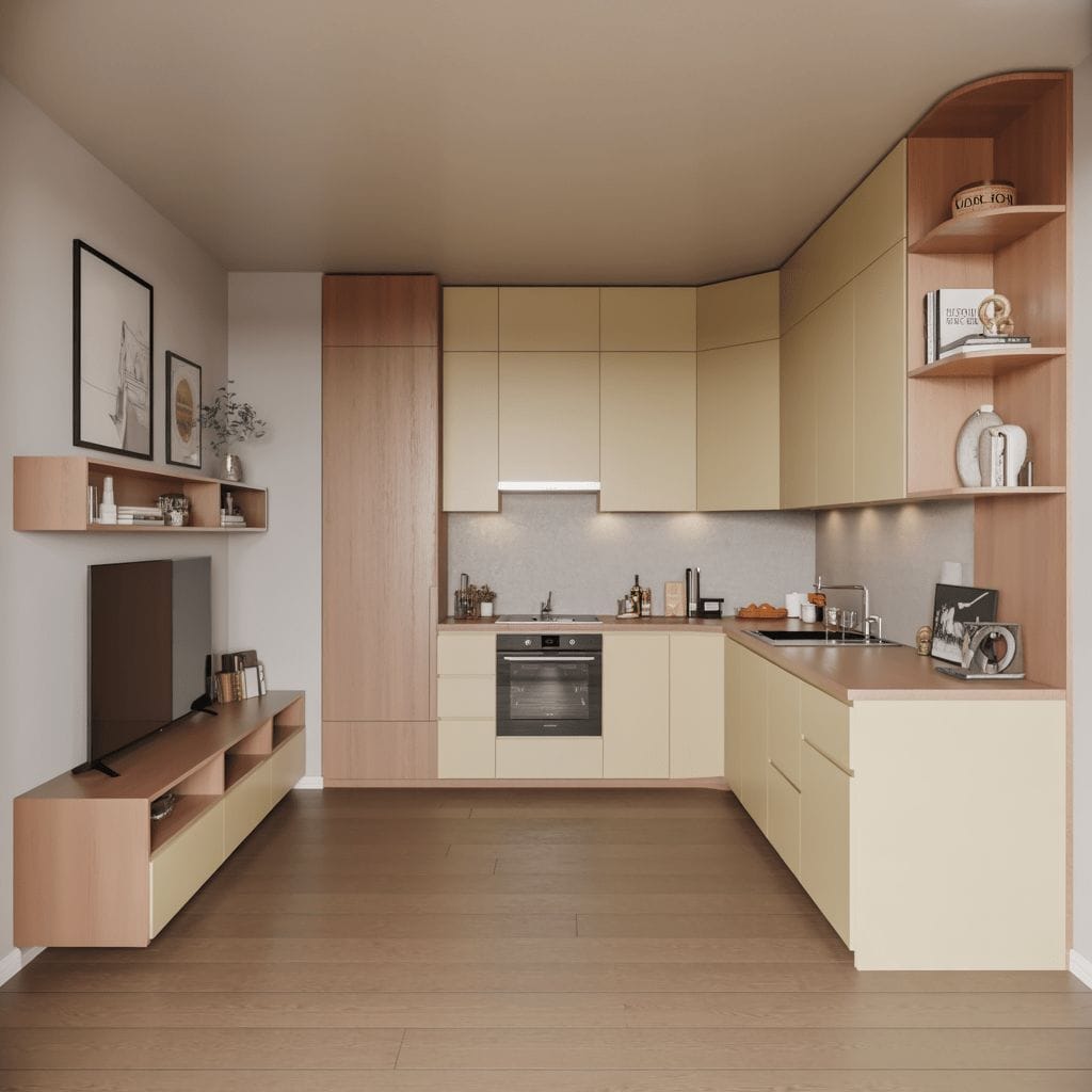 Cuisine moderne avec meubles en bois clair et couleur crème, four encastré, étagères ouvertes et coin TV à proximité sur parquet. Les plans de travail accueillent divers ustensiles et appareils électroménagers.