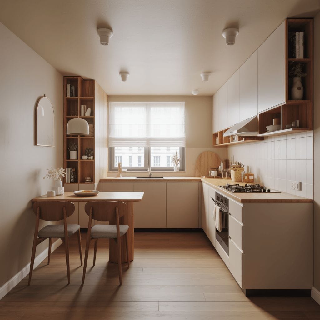 Une cuisine moderne et minimaliste avec des planchers en bois clair, des armoires blanches, des étagères ouvertes, une petite table à manger avec deux chaises et une fenêtre laissant entrer la lumière naturelle.