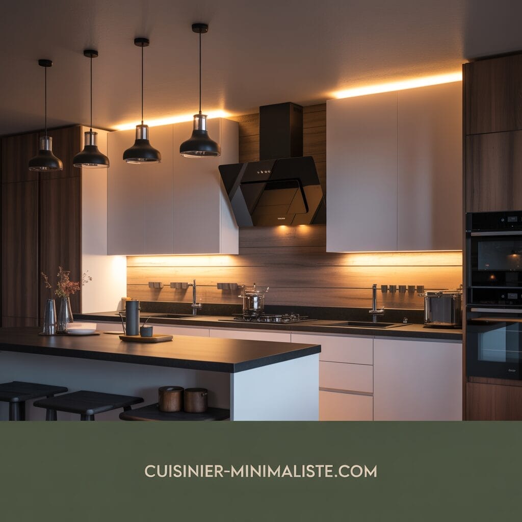 Cuisine moderne et minimaliste avec armoires noires et blanches, éclairage sous les meubles et électroménagers intégrés. Site web « CUISINIER-MINIMALISTE.COM » affiché en bas.