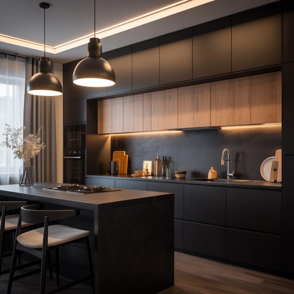 Une cuisine moderne comprend des armoires noires mates, des accents en bois, un îlot en marbre avec deux chaises, un éclairage suspendu et des appareils et une décoration soigneusement disposés.