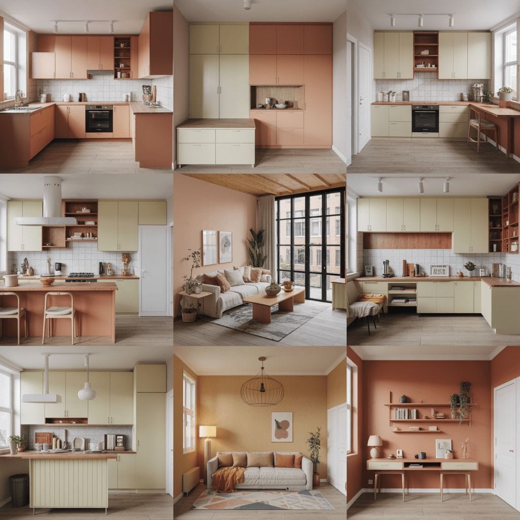 Un collage d'intérieurs modernes comprenant des cuisines et des salons aux tons chauds et terreux avec des meubles minimalistes et un éclairage naturel.